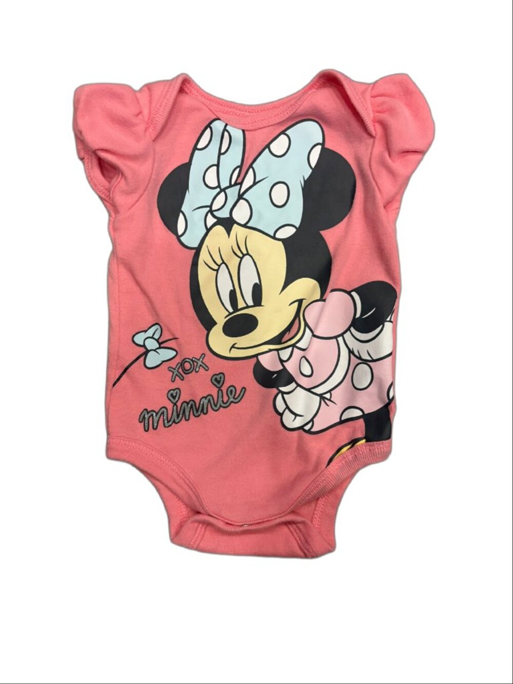 Disney Baby Coral Pink Minnie Mouse Flutter Sleeve Bodysuit (Size 0-3M)